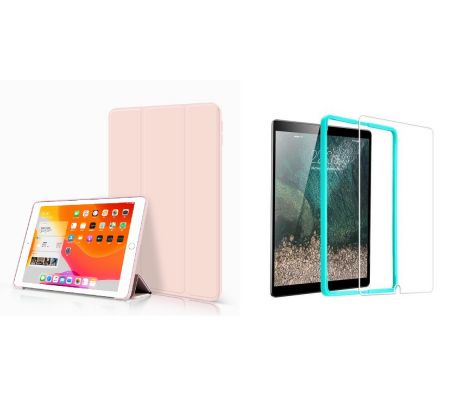 Trifold Smart Case - kryt se stojánkem pro iPad 9.7 (kromě iPad Pro 9.7) - ružový + Ochranné tvrzené sklo s instalačním rámečkem  