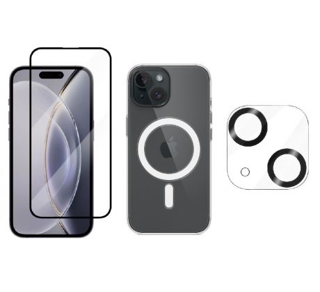 3PACK - 3D Ochranné sklo + Crystal Air kryt s MagSafe + ochranné sklíčko kamery pro iPhone 15 