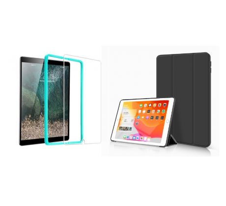 Trifold Smart Case - kryt se stojánkem pro iPad 9.7 (kromě iPad Pro 9.7) - černý + Ochranné tvrzené sklo s instalačním rámečkem  