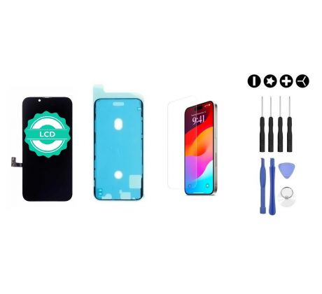 MULTIPACK - LCD displej pro iPhone 15 Plus + screen adhesive (lepka pod displej) + 3D ochranné sklo + sada nářadí