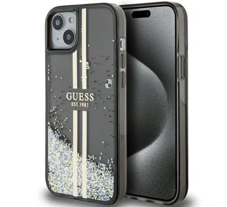 Original   GUESS GUHCP15SLFCSEGK  iPhone 15 (Liquid Glitter Gold Stripes / cerný)