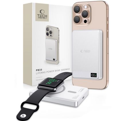 EXTERNÍ BATERIE NA APPLE WATCH A TELEFON TECH-PROTECT PB33 LIFEMAG MAGSAFE POWER BANK 5000mAh SILVER