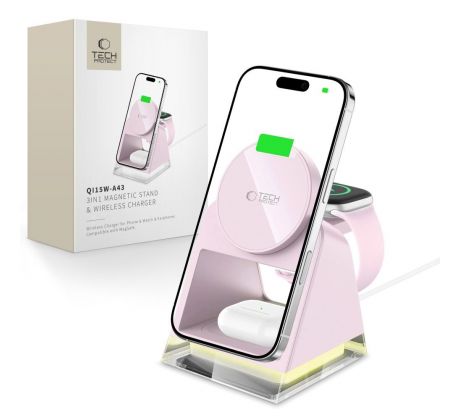 BEZDRÁTOVÁ NABÍJEČKA TECH-PROTECT QI15W-A43 3IN1 MAGNETIC MAGSAFE WIRELESS CHARGER BABY PINK