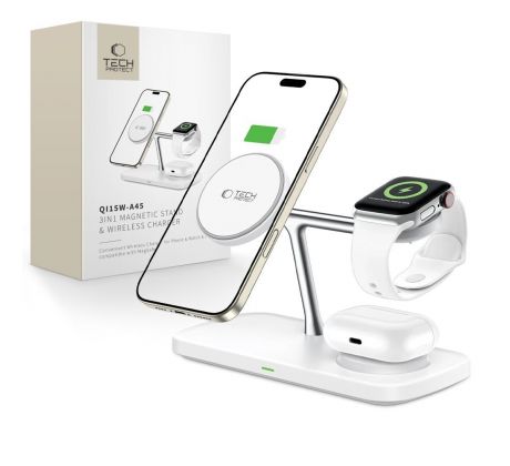 BEZDRÁTOVÁ NABÍJEČKA TECH-PROTECT QI15W-A45 3IN1 MAGNETIC MAGSAFE WIRELESS CHARGER WHITE